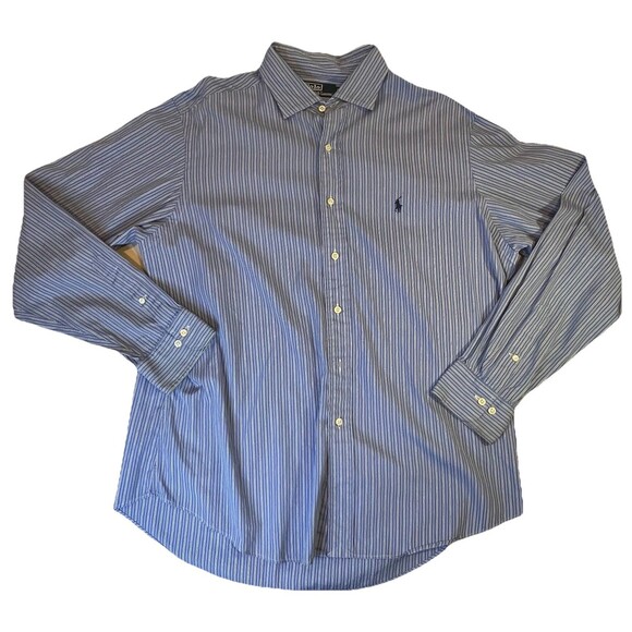 Polo Ralph Lauren Dress Shirt Mens XL 17 1/2 Blue White Button Up Pony - Picture 1 of 9